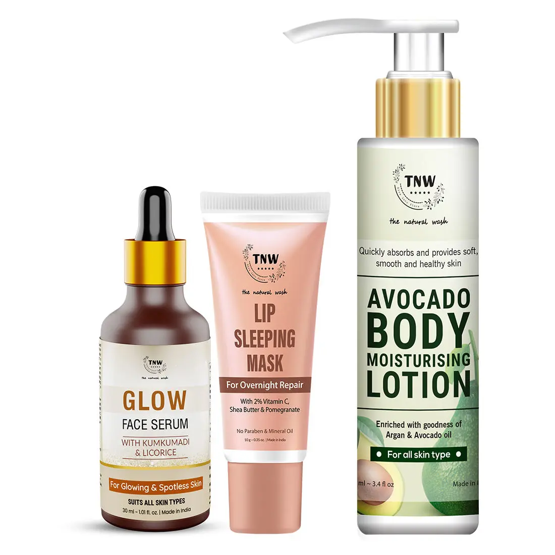 Combo of 3- Glow Face Serum 30ml & Body Lotion Avocado 100ml & Lip Sleeping Mask 10G