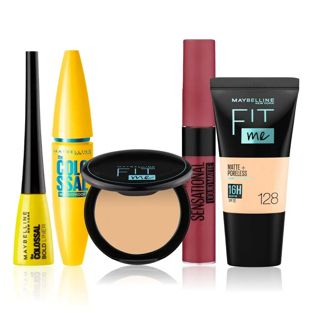 Maybelline NewYork Chic & Charming Essentials Kit 1 |Fit Me Compact 128 (6g) | Fit Me Liquid Foundation 128(18ml) | Colossal Mascara Black (10 g) |Colossal Eyeliner Black(3g) |Sensational Liquid Lipstick 24 Touch Of Spice (7 ml)