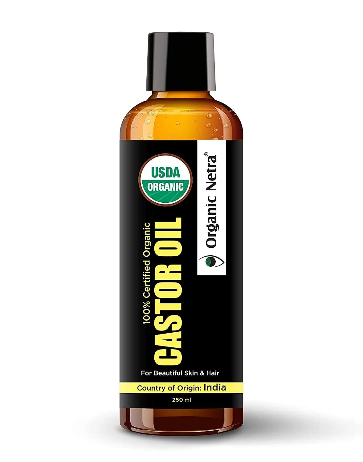 Organic Netra Castor Oil for Skin and Hair | Softening, Smoothening & Moisturizing Skin, Hair and Eyelashes | Repairs Splitends and Reduces Dandruff - 250ml (Pack of 1)