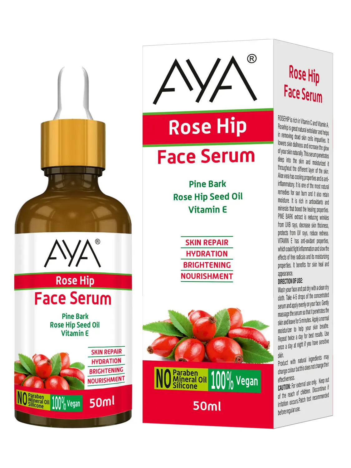 AYA Rosehip Face Serum (50 ml) | For Skin Repair, Hydration, Brightening and Nourishment | No Paraben, No Silicone, No Mineral Oil