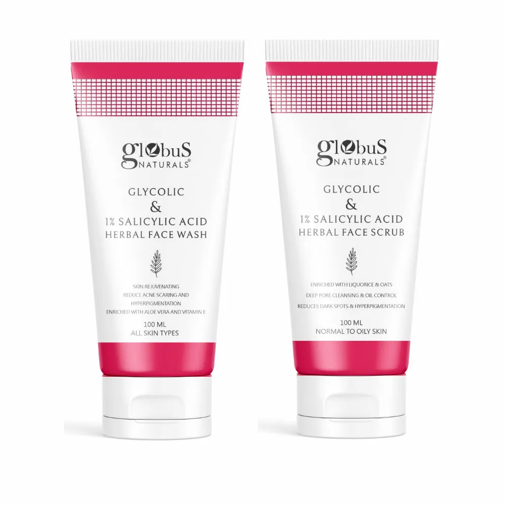 Globus Naturals Glycolic + 1% Salicylic Acid Face Wash + Face Scrub Combo - Set of 2