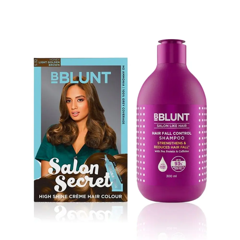 BBLUNT Salon Secret High Shine Creme Hair Colour Light Golden Brown 5.32 (100 g) With Shine Tonic (8 ml)+BBLUNT Hair Fall Control Shampoo with Pea Protein & Caffeine for Stronger Hair (300 ml)