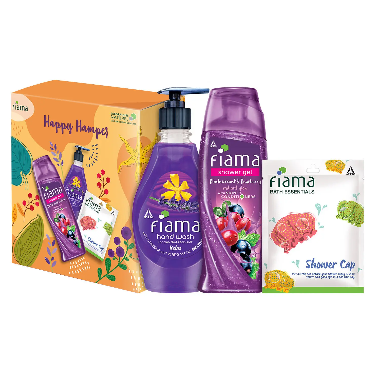 Fiama Gift Pack Happy Hamper | Shower Gel Blackcurrant & Bearberry 250ml, Handwash Relax 400ml, Bath Accessory Shower Cap Combo set of 3