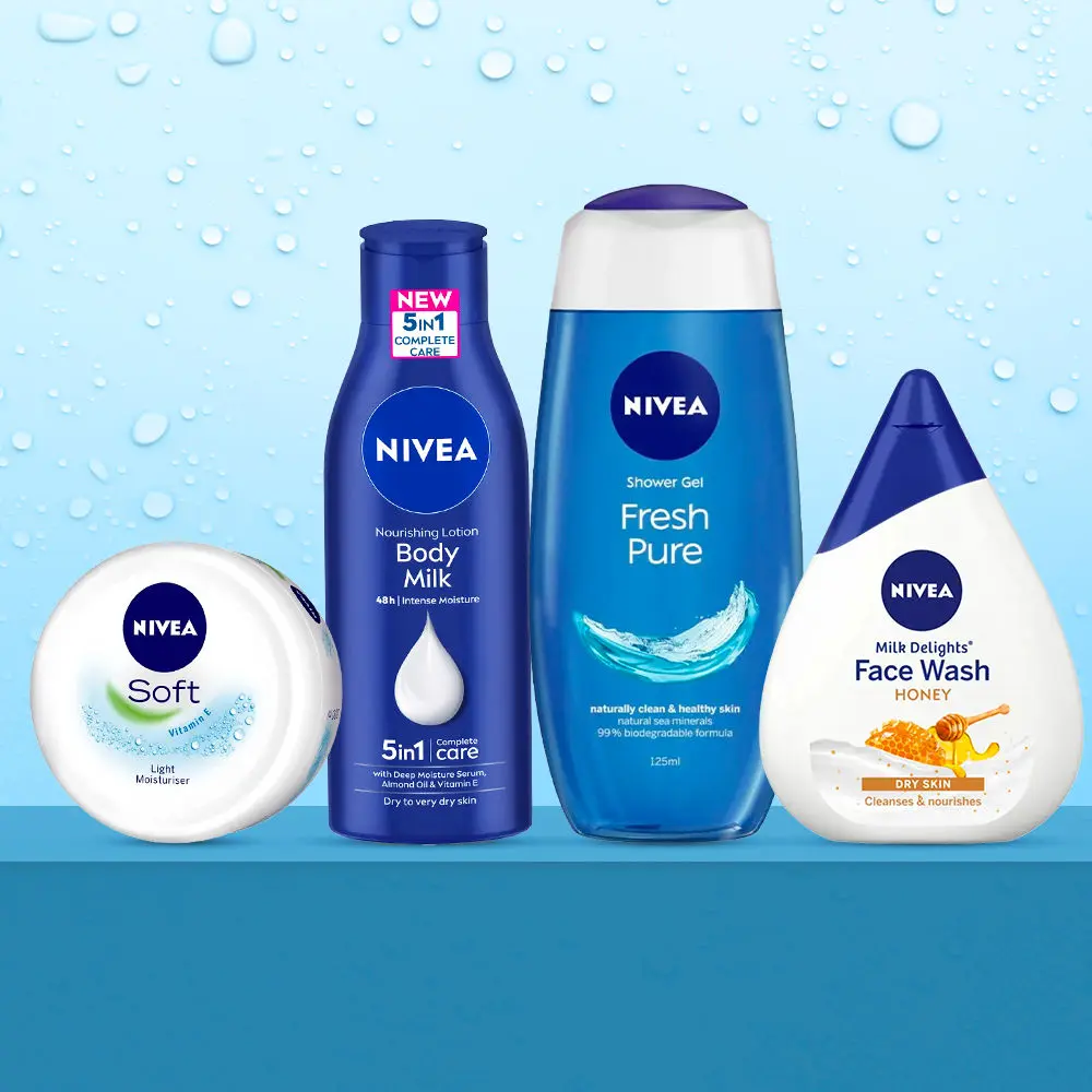 NIVEA Ultimate Skin Nourishment Kit 4 (Fresh Pure Shower Gel(125ml)+Moisturizing Honey Face Wash(100ml)+Almond Oil Body Lotion(120ml)+Soft Moisturising Cream(50ml))