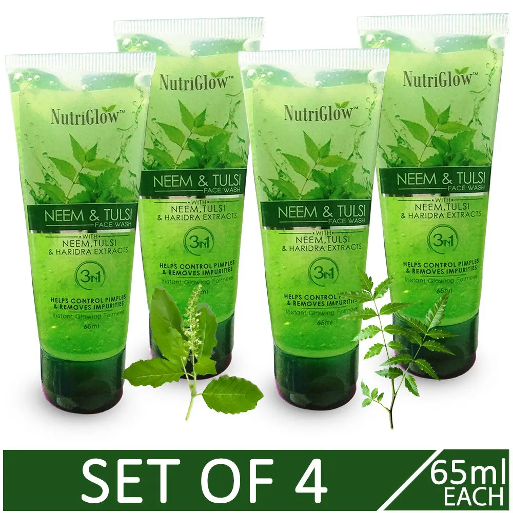 NutriGlow Set of 4 Neem & Tulsi Face Wash/ With Neem, Tulsi & Haridra Extracts/ Helps Control Pimples & Removes Impurities (65ml each)