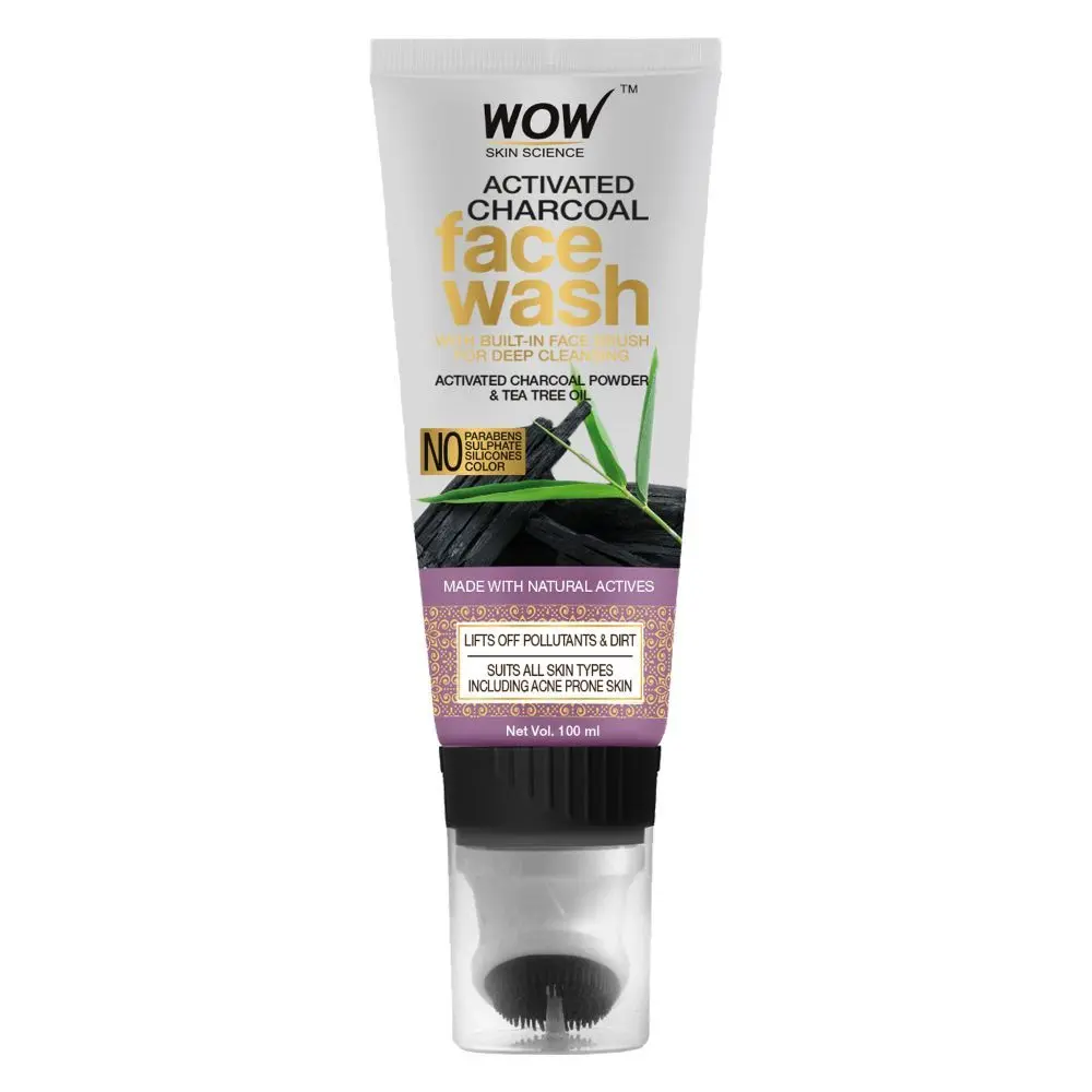 WOW Skin Science Activated Charcoal Face Wash Gel Tube with Built-In Face Brush (100 ml)