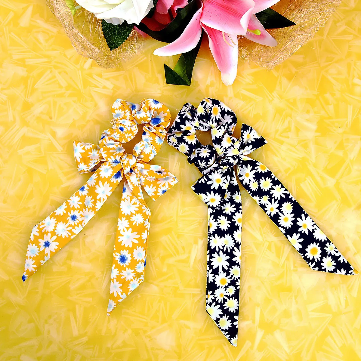 YoungWildFree Floral Pony Yellow And Blue-Printed Designer Scrunchies (Set Of 2)