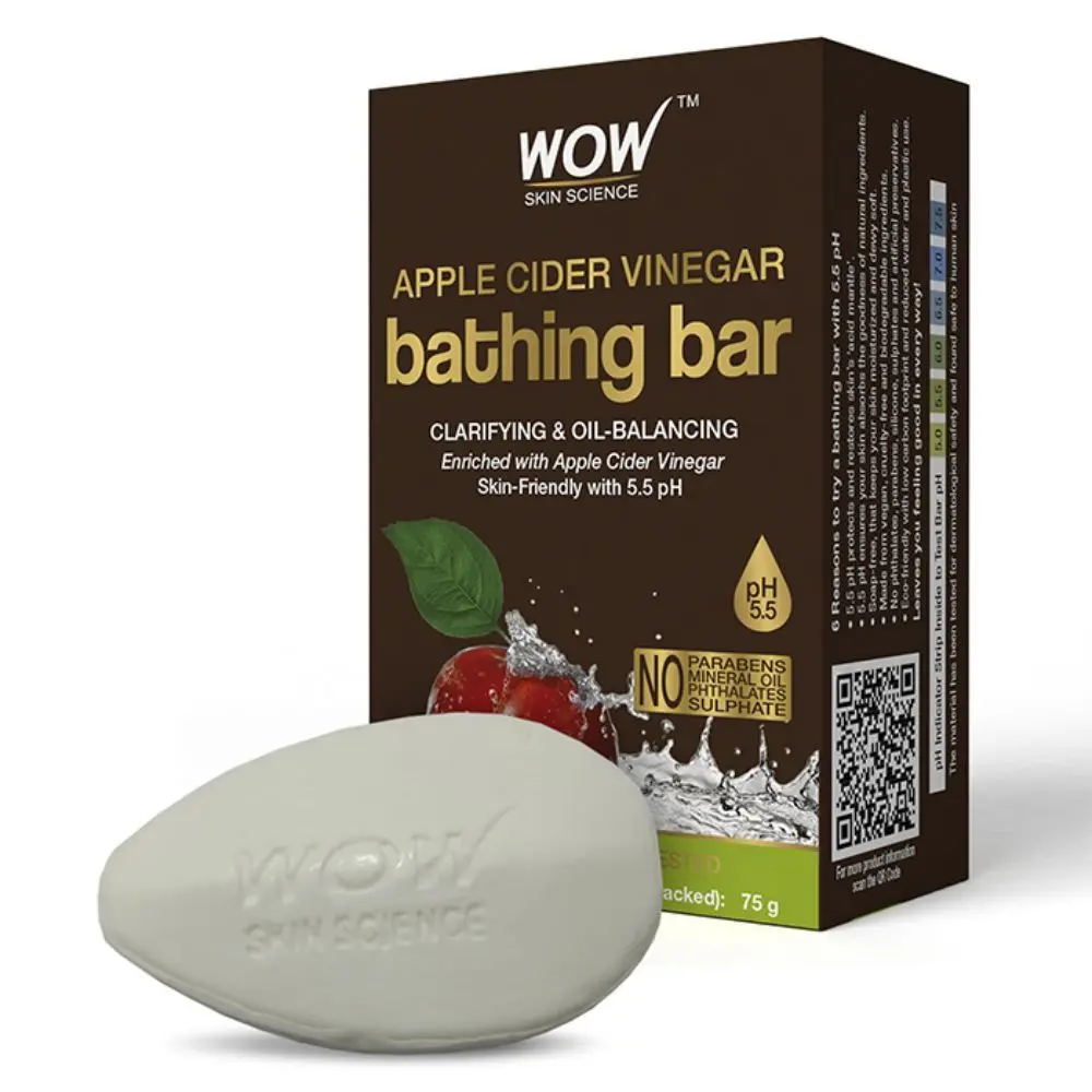 WOW Skin Science Apple Cider Vinegar Bathing Bar - Clarifying & Oil-Balancing - with Apple Cider Vinegar - Skin-Friendly with 5.5 pH - No Parabens, Mineral Oil, Phthalates, Sulphate - 75g