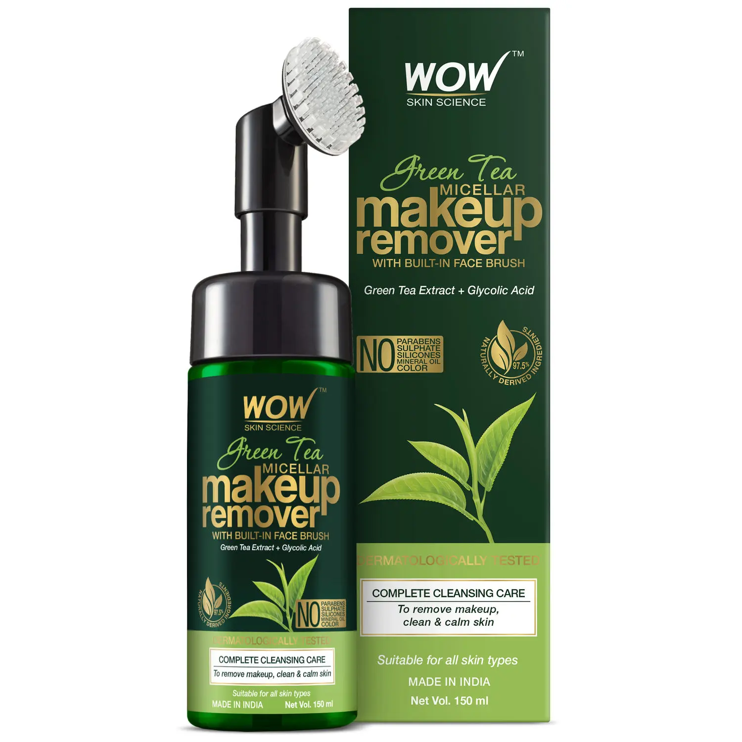 WOW Skin Science Green Tea Makeup Remover With Built-In Face Brush (MICELLAR) - No Parabens, Sulphate, Silicones, Mineral Oil, Color (150 ml)