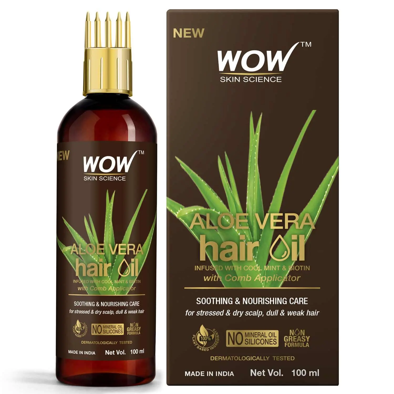 WOW Skin science Aloe Vera Hair Oil for Scalp Soothing and Nourishment of Dry Scalp and Weak, Dull Hair - With Comb Applicator - 100ml