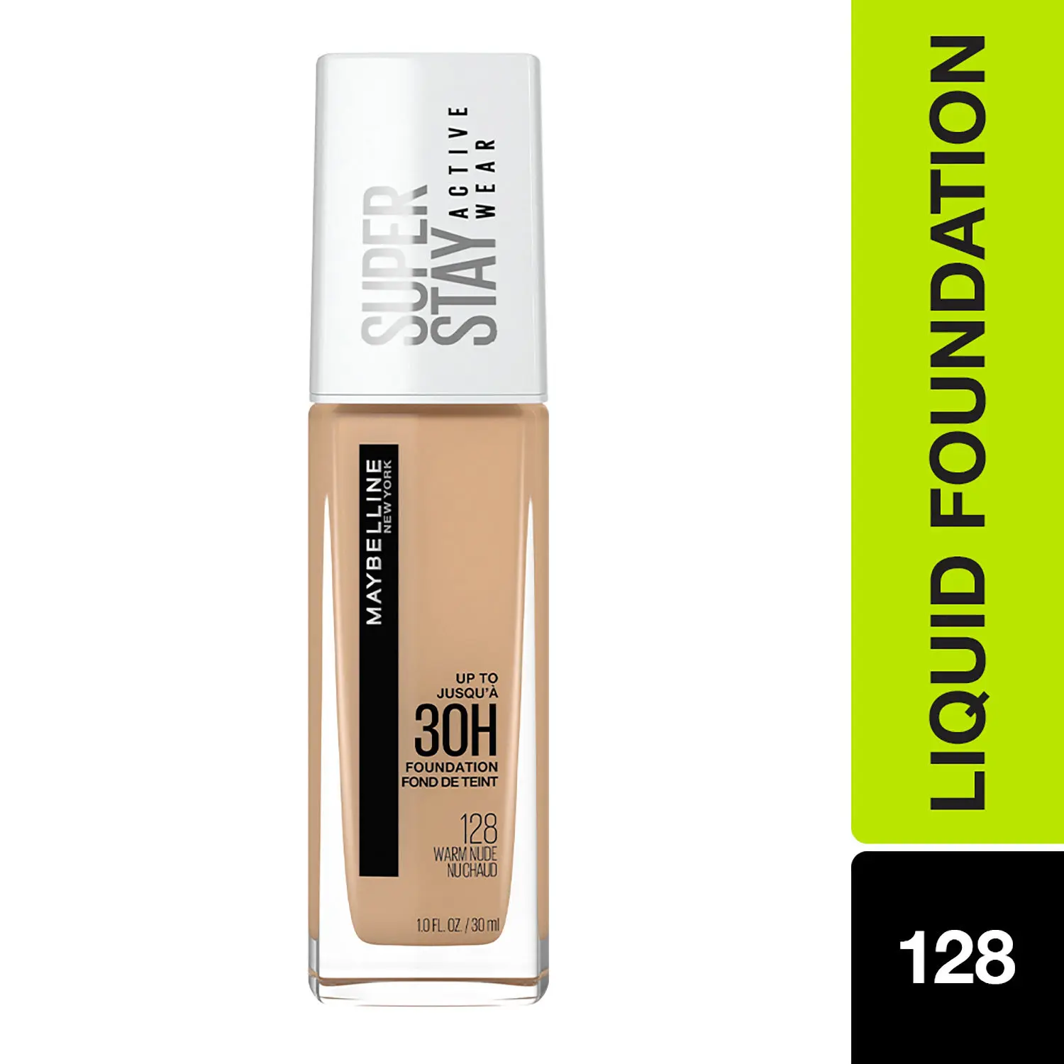 Maybelline New York Super Stay Full Coverage Active Wear Liquid Foundation, Matte Finish with 30 HR Wear, Transfer Proof, 128, Warm Nude, 30ml