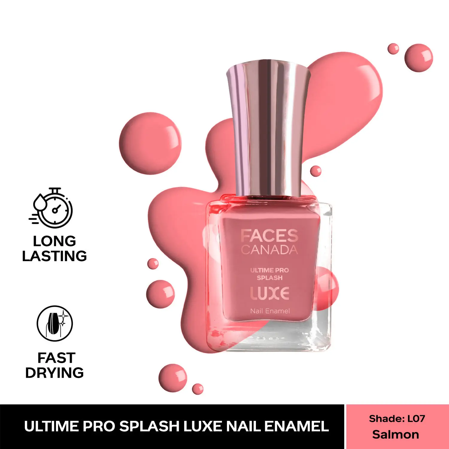 FACESCANADA Ultime Pro Splash Luxe Nail Enamel I Quick-drying I Long lasting I Even-Finish I Vegan I Cruelty-free I Non-Toxic I Ethanol-free I Salmon (L07)12ml