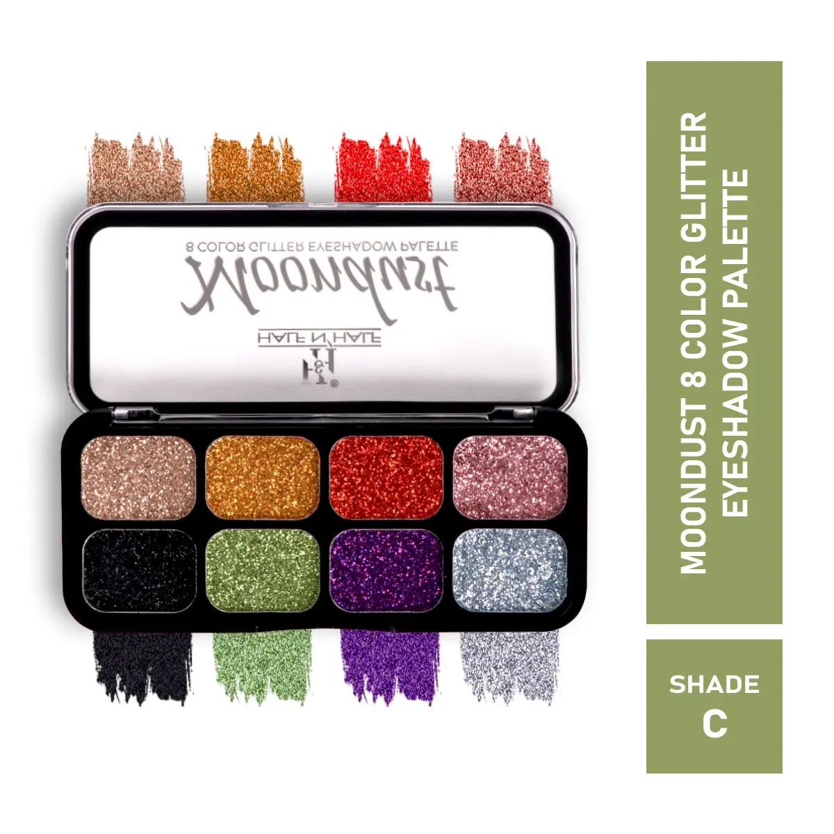 Half N Half Moondust 8 Colour Glitter Shimmer Silver Eyeshadow Palette, Ultra Pigmented Blendable, Long Lasting Waterproof, Flawless Finish, Shade-C (12gm)