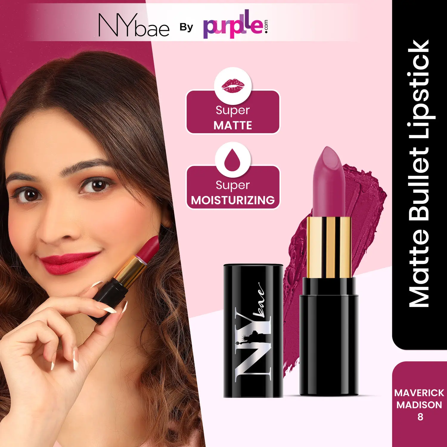 NY Bae Super Matte Lipstick - Maverick Madison 8 (4.2 g) | Purple | Matte Finish | Enriched with Vitamin E | Rich Colour Payoff | Nourishing | Long lasting | Smudgeproof | Vegan | Cruelty & Paraben Free