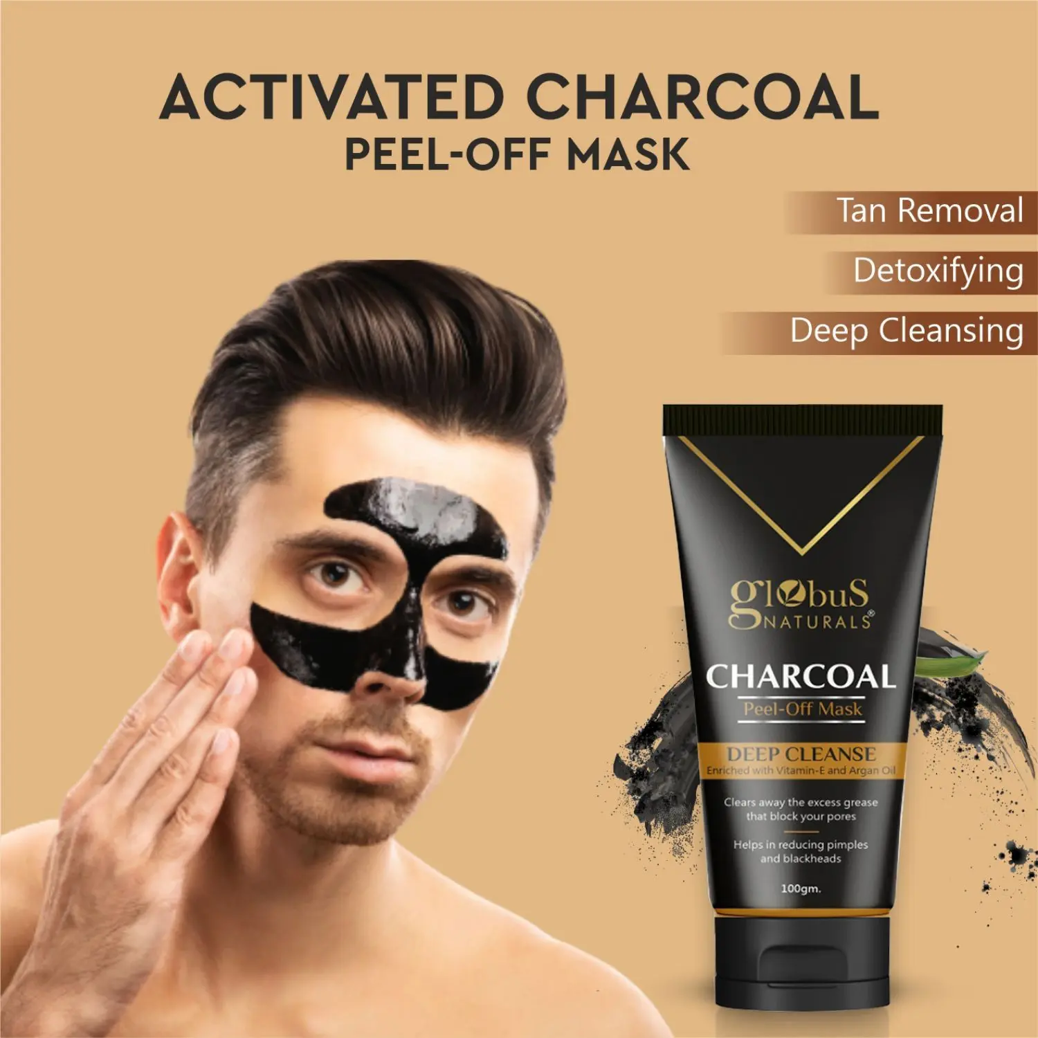 Globus Naturals Anti Pollution & Anti Acne Charcoal Peel Off Mask, Detoxifying Face mask, Fights Pollution and De-Tans skin, For Men with Oily & Acne Prone Skin, 100 gms