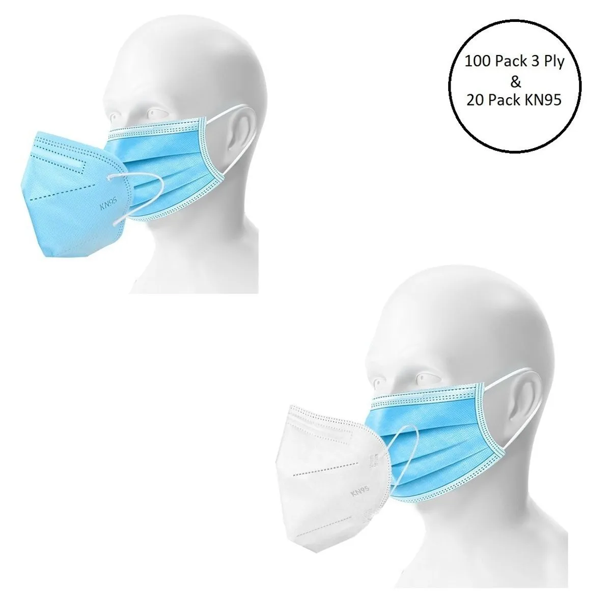 Fabula Unisex Double Mask Set Of 100 Disposable & 20 KN95 / N95 Masks (Blue, White )