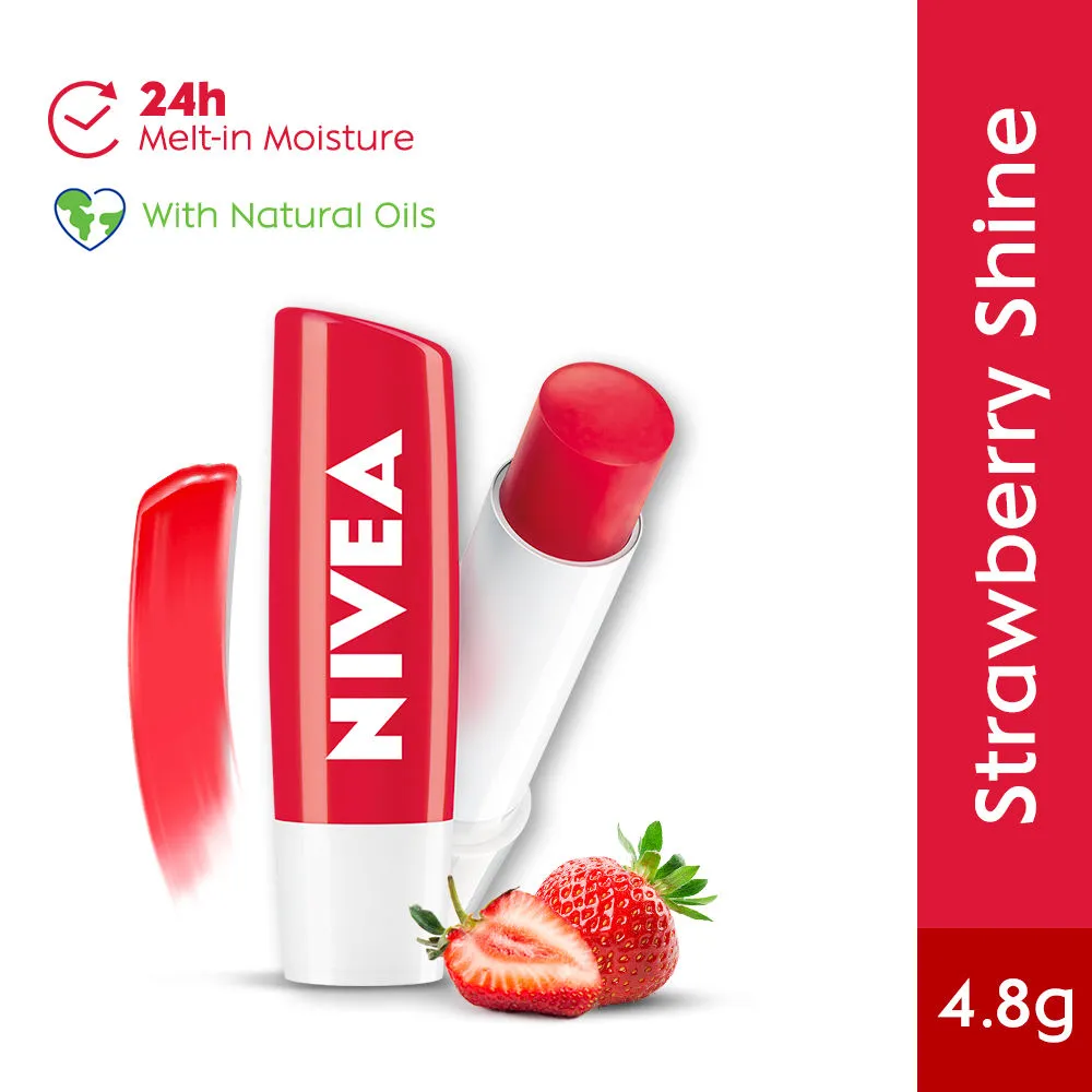 NIVEA Lip Balm, Strawberry Shine, 24h Moisture with Natural Oils, Reddish Shine & Strawberry Aroma