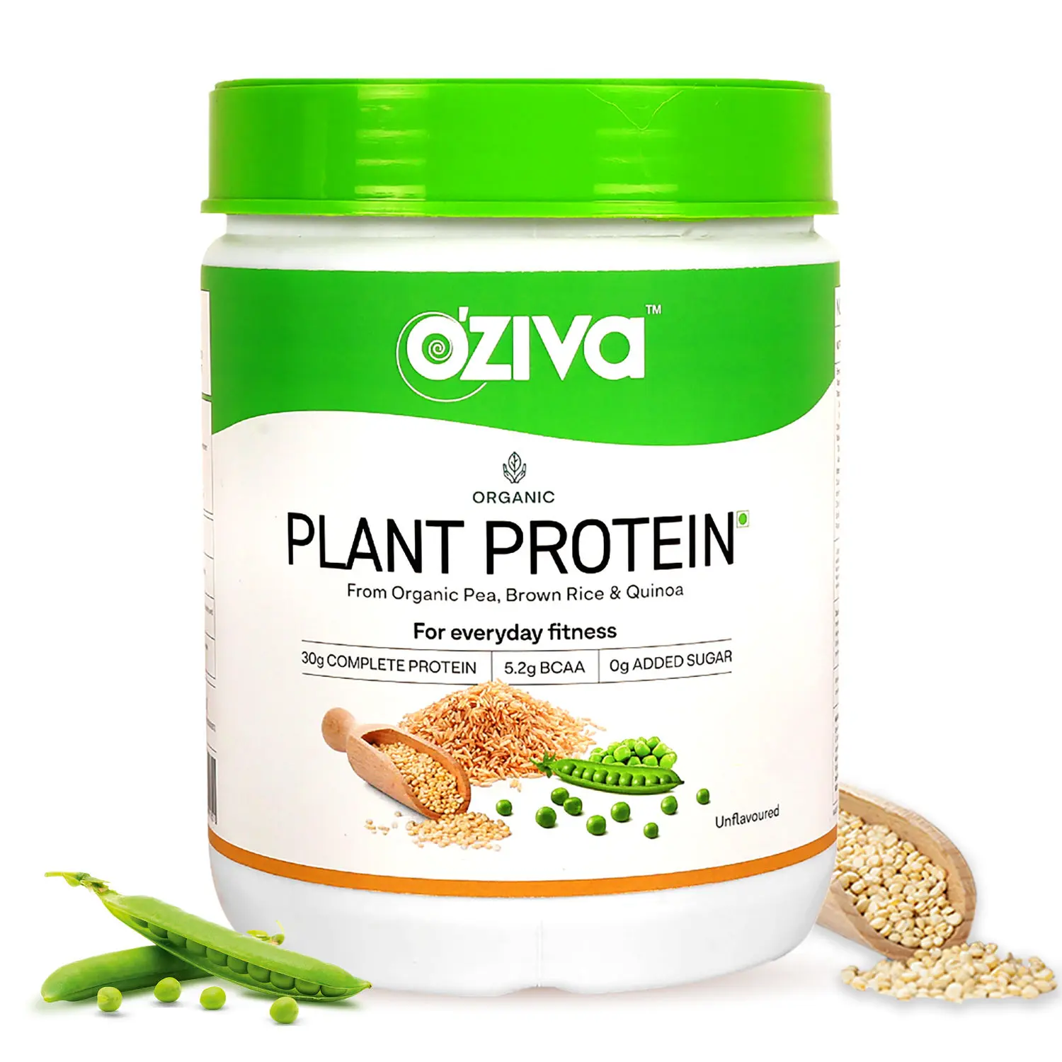 OZiva Organic Plant Protein (30g Vegan Protein - Pea protein Isolate, Brown Rice Protein & Quinoa, Soy free) for Everyday Fitness, Unflavored, 500 gm