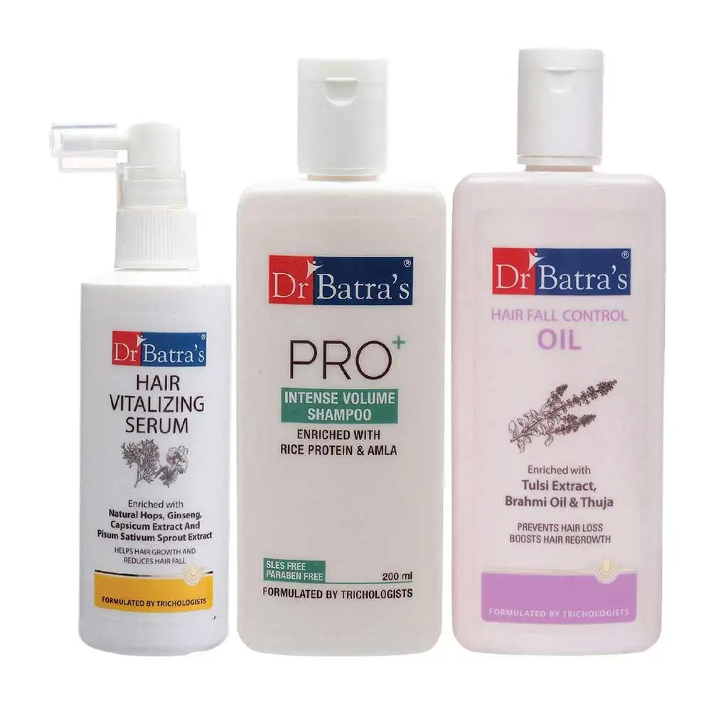 Dr Batra's Hair Vitalizing Serum, Pro+ Intense Volume Shampoo - 200 ml & Hair Fall Control Oil- 200 ml Combo,  3 Piece(s)/Pack  Hair Care