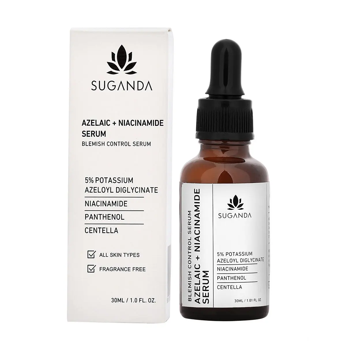 Suganda Azelaic + Niacinamide Serum, Brightens Skin Tone, Refines Appearance of Pores, Texture & Fine Lines, Reduces Acne & Fades Acne Marks, Helps with Eczema & Redness, Enhances Skin Elasticity, Repair Skin Barrier (30ml)