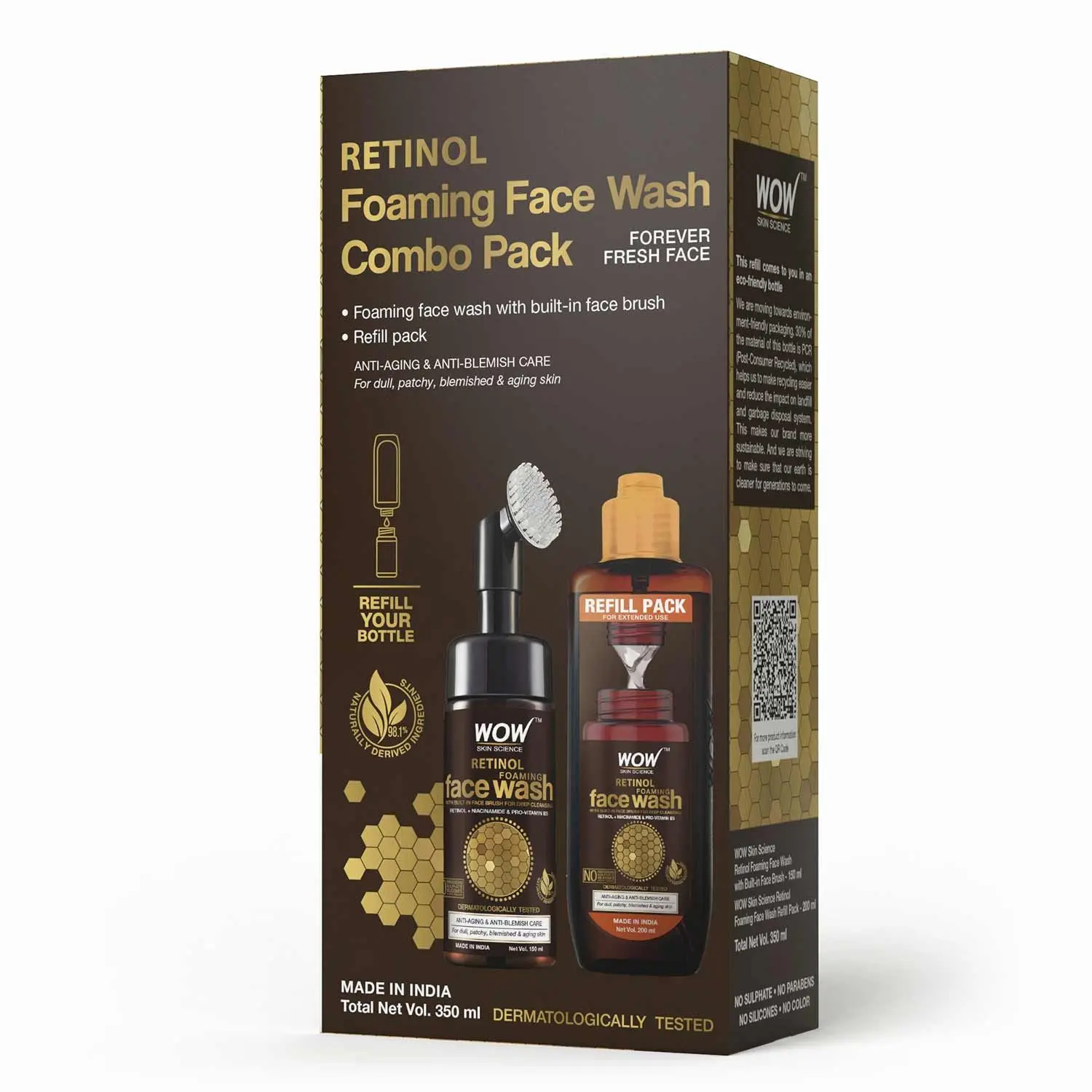 WOW Skin Science Retinol Foaming Face Wash For Fine Lines, Age Spots & Blemishes - Combo Pack - Built-In Face Wash Brush + Refill Pack (350 ml)