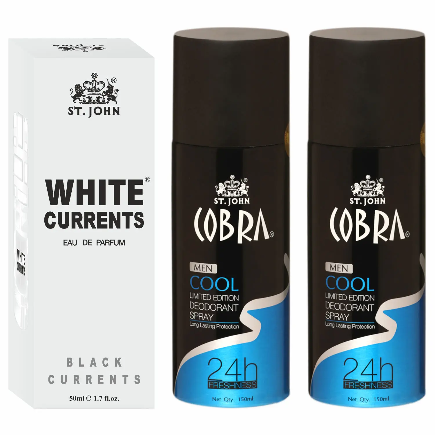 ST-JOHN Cobra Deodrant Cool 150 ml Pack of 2& Cobra Black Current 50ml Perfume Combo Gift Pack Perfume Body Spray - For Men & Women (350 ml, Pack of 3)