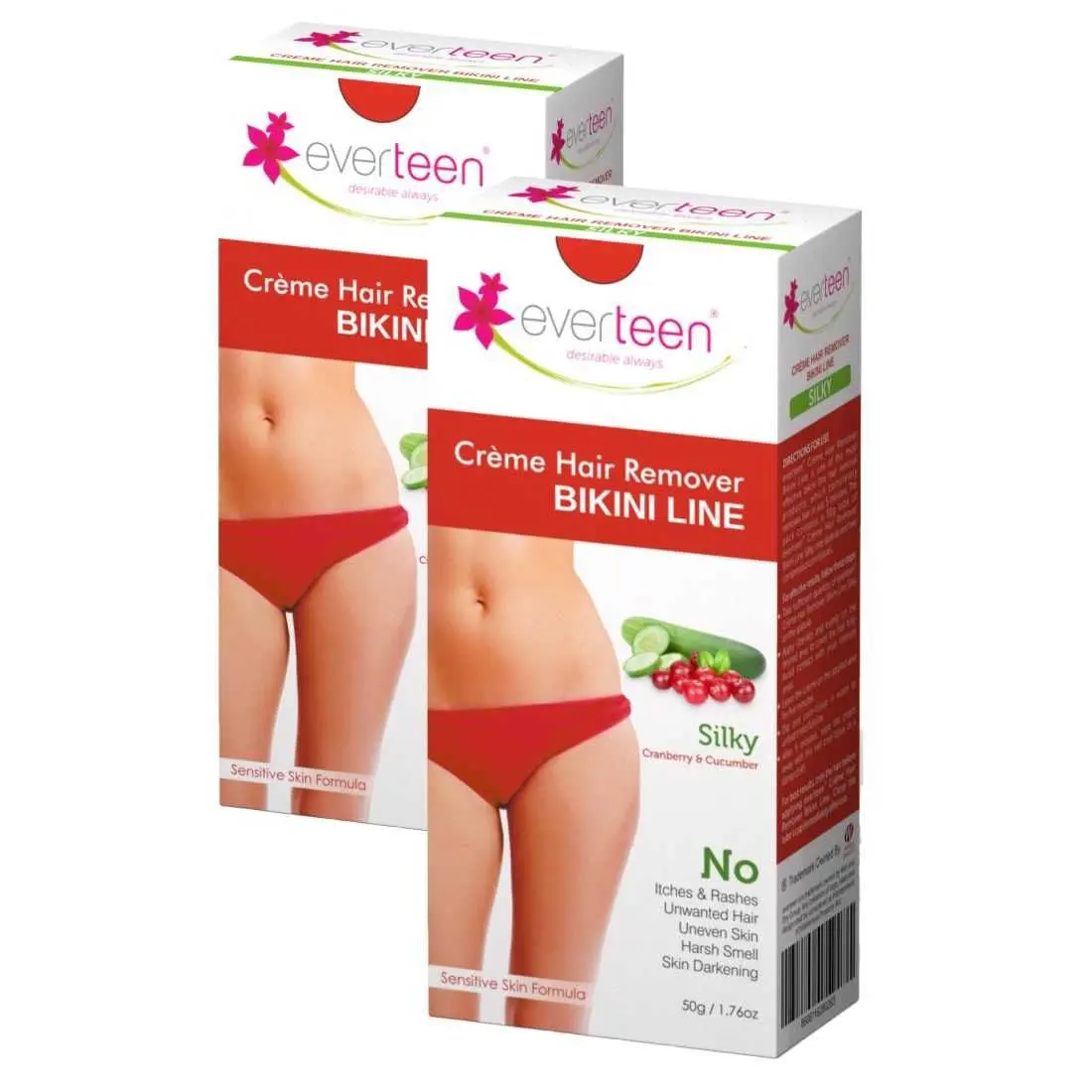 everteen SILKY Hair Removal Cream with Cranberry and Cucumber for Bikini Line & Underarms in Women and Girls | No Harsh Smell, Skin Darkening or Rashes | 2 Pack 50g Each with Spatula and Coin Tissues