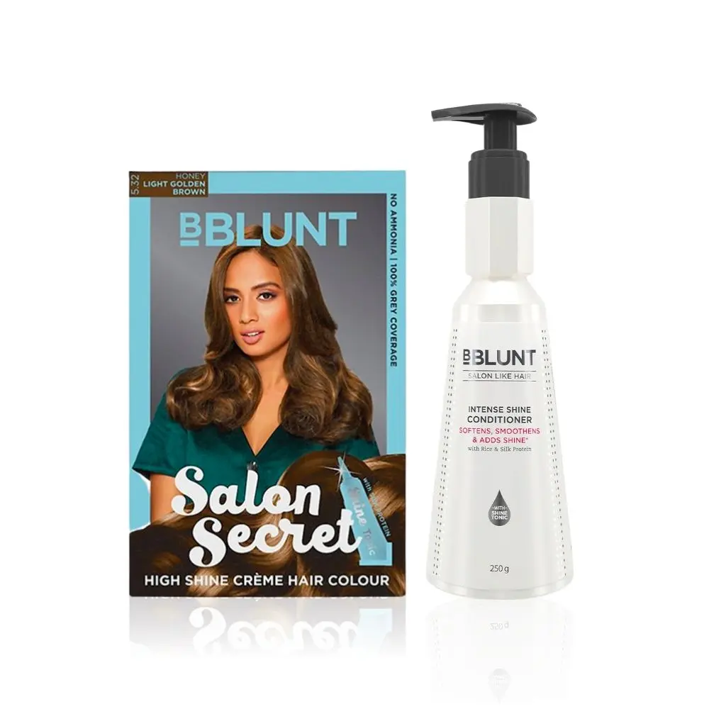 BBLUNT Salon Secret High Shine Creme Hair Colour Light Golden Brown 5.32 (100 g) With Shine Tonic (8 ml)+BBLUNT Intense Shine Conditioner with Rice & Silk Protein for Softer Smoother & Shinier Hair-250gm