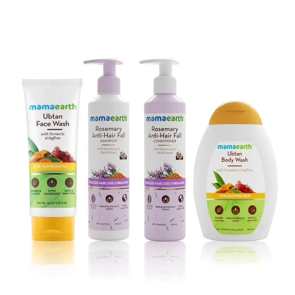 Mamaearth Essesntial Daily Care kit (Rosemary Anti-Hair Fall Shampoo + Rosemary Anti-Hair Fall Conditioner + Ubtan Facewash + Ubtan Body wash) (250 ml + 250 ml + 100 ml + 300 ml)