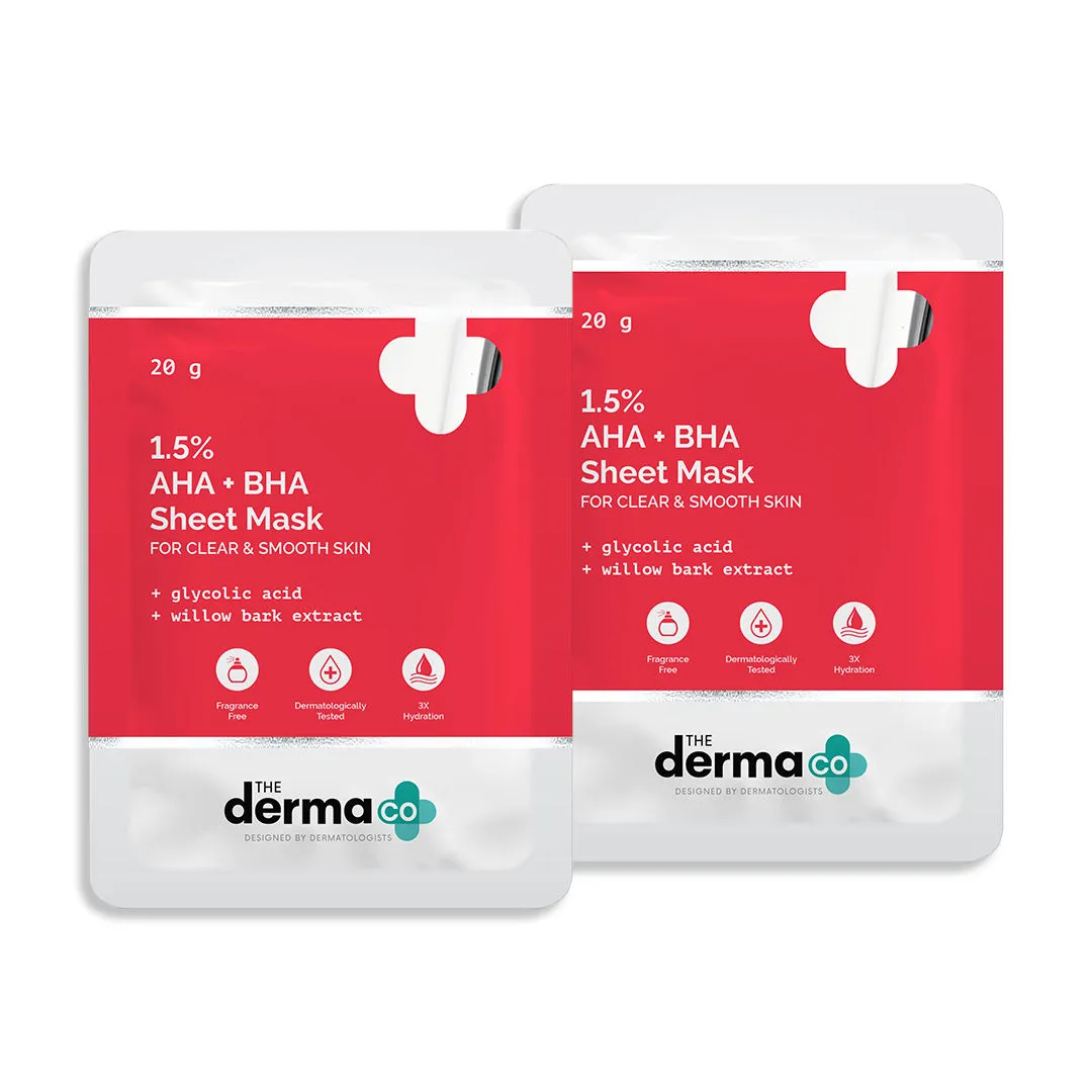 The Derma Co 1.5% Aha + Bha Face Serum Sheet Mask With Glycolic Acid & Willow Bark - Pack Of 2