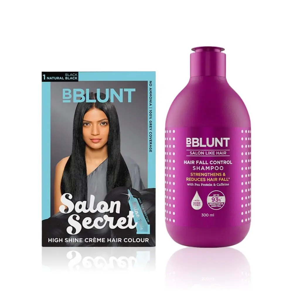 BBLUNT Salon Secret High Shine Creme Hair Colour Natural Black 1 (100 g) With Shine Tonic (8 ml)+BBLUNT Hair Fall Control Shampoo with Pea Protein & Caffeine for Stronger Hair (300 ml)