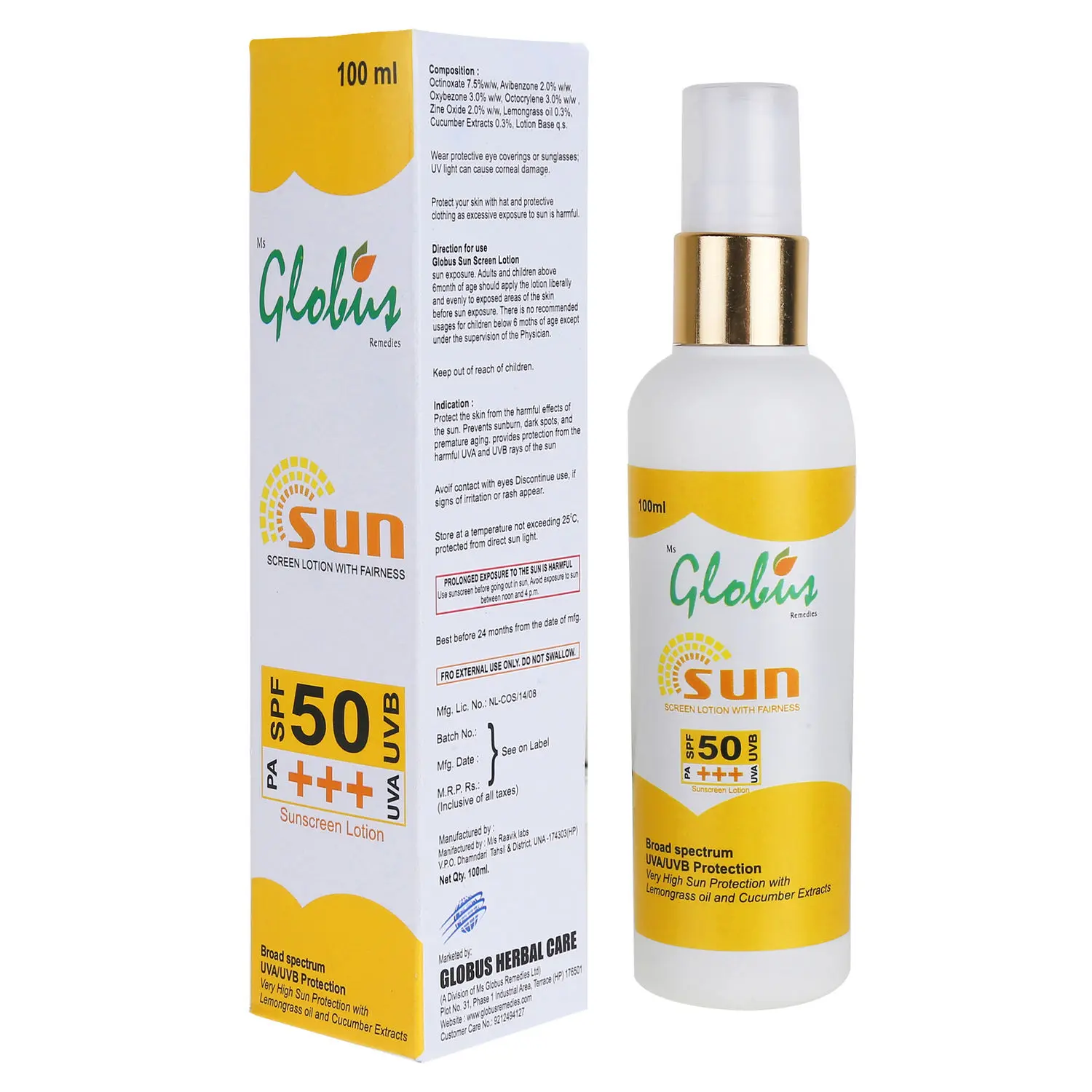 Globus Remedies Sunscreen Lotion With Fairness - Spf 50 Pa+++ (100 ml)