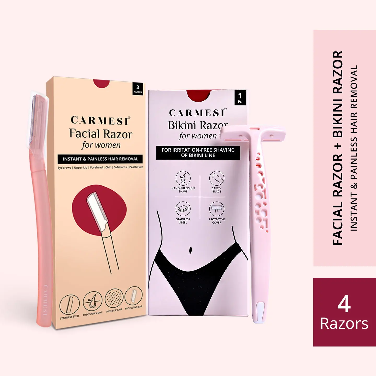 Carmesi Facial Razor (Pack of 3) & Bikini Razor (Pack of 1)