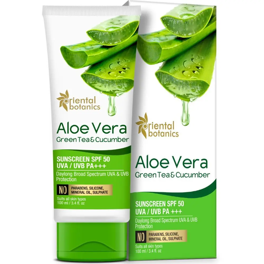 Oriental Botanics Aloe Vera, Green Tea & Cucumber Sunscreen SPF 50 UVA/UVB PA+++, (100 ml)