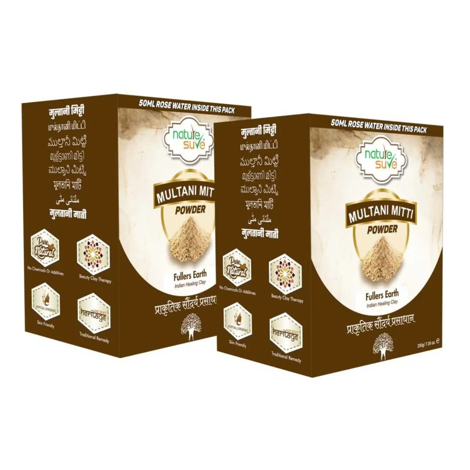 Nature Sure Multani Mitti Face Pack Powder 200g with Rose Water 50ml - 2 Packs