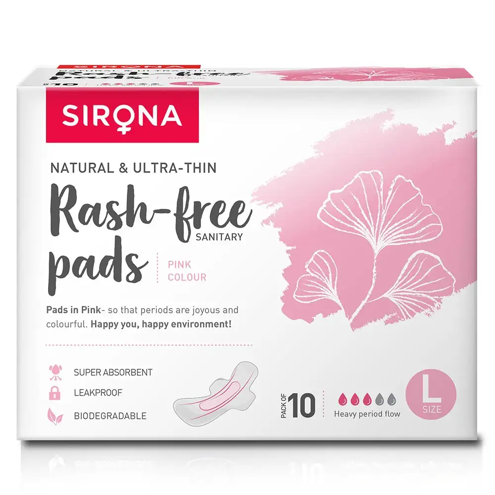 Sirona Natural & Ultra Thin Rash Free Pads,  10 Piece(s)/Pack  Heavy Period Flow (Large) Pink