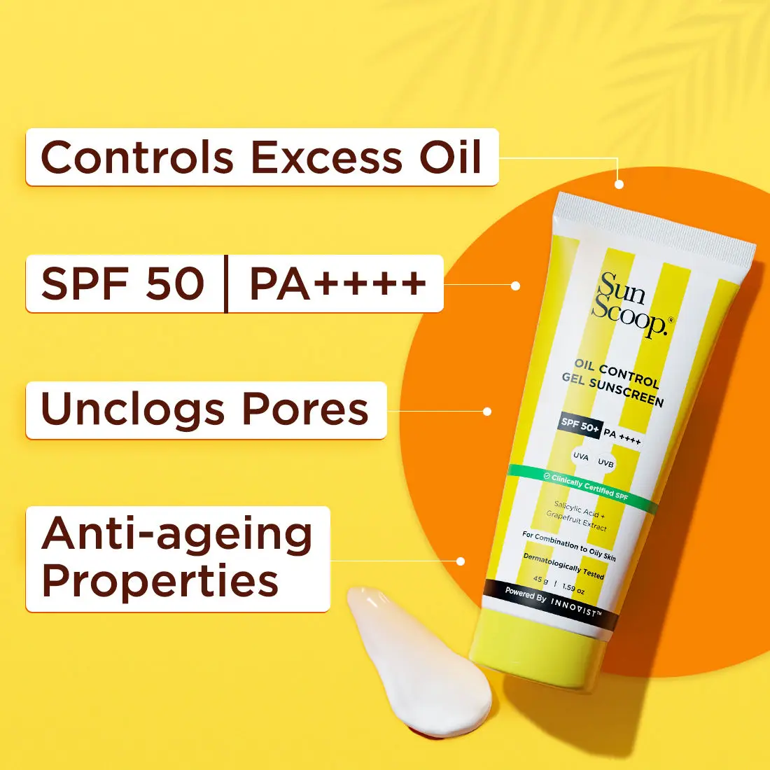 Sunscoop Oil-Control Gel Sunscreen | SPF 50+, PA++++ | Mineral Oil & Petroleum Free | Controls Excess Oil | Unclogs Pores | Anti-ageing | Lightweight | 45 g