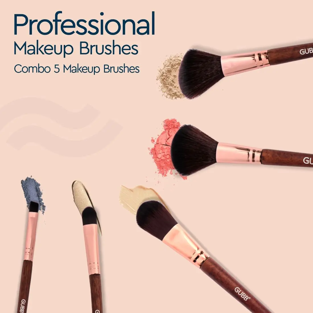 GUBB Professional Makeup Brushes Combo Pack of 5 (Foundation Brush, Powder Brush, Blush Brush, Eyeshadow Brush & Eyeliner Brush)