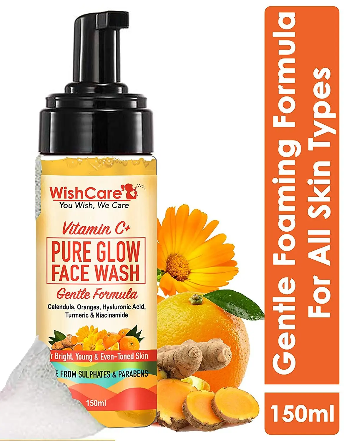 WishCare® Vitamin C+ Pure Glow Face Wash- With Vitamin C, Hyaluronic Acid, Niacinamide, Oranges, Calendula & Turmeric - For Bright, Young and Even Toned Skin (150 ml)