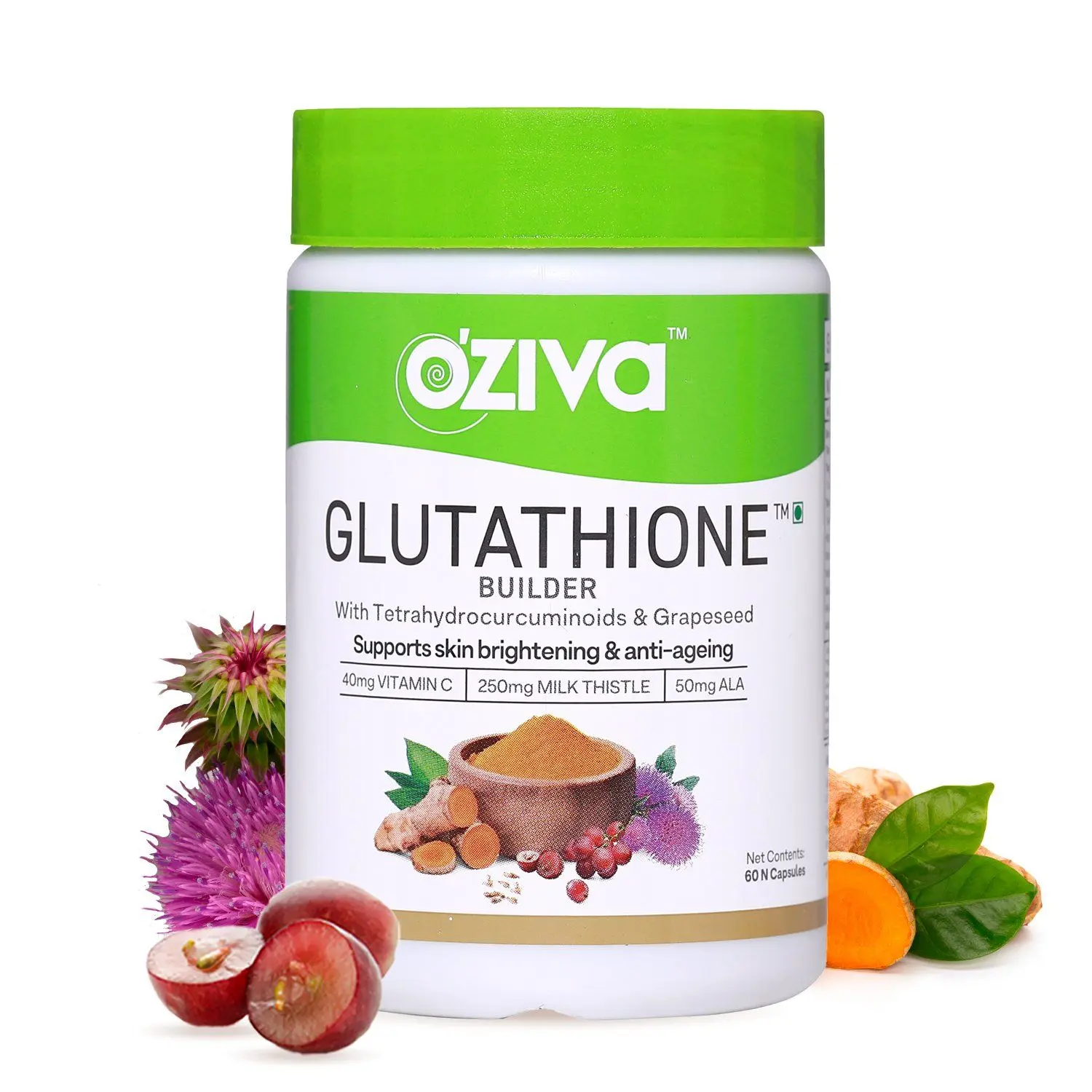 OZiva Glutathione Builder (with ALA, Skin Vitamins & Selenium) for Skin Brightening & Anti-Ageing, 60 Capsules