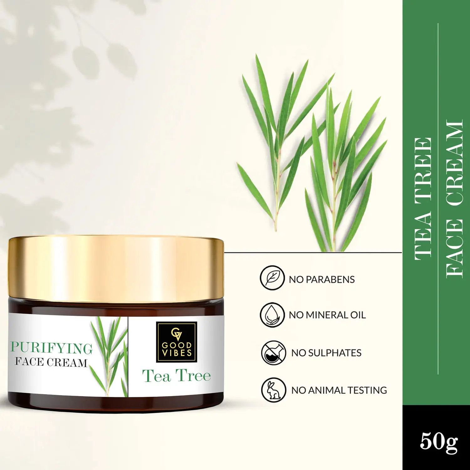 Good Vibes Tea Tree Purifying Face Cream | Lightening, Hydrating, Anti-Acne | No Parabens, No Sulphates, No Mineral Oil, No Animal Testing (50 g)