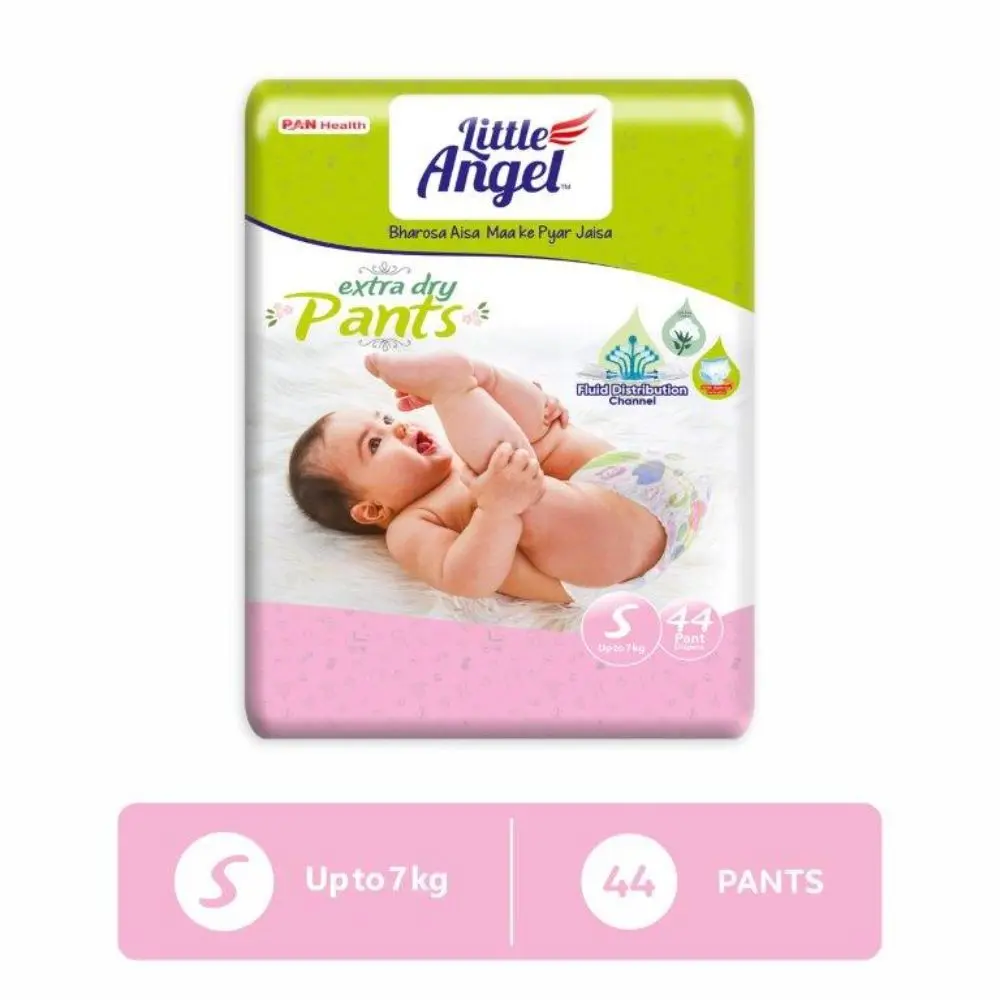 Little Angel Extra Dry Baby Pants Diaper, Small (S) Size, 44 Count, Super Absorbent Core Up to 12 Hrs. Protection, Soft Elastic Waist Grip & Wetness Indicator, Pack of 1, Upto 7kg