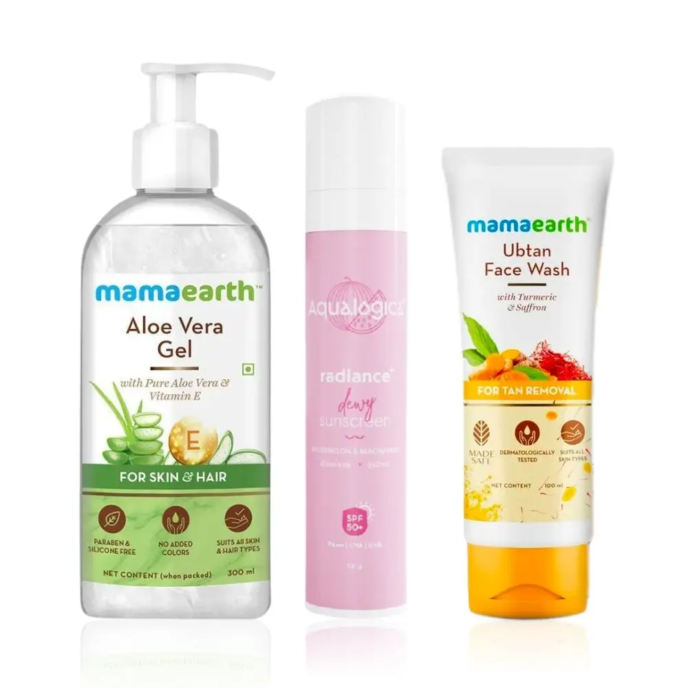 Mamaearth x Aqualogica glowing skin kit ( Mamaearth ubtan face wash (100ml) + Mamaearth aloe vera gel (300ml)+ Aqualogica watermelon niacinamide sunscreen (50g))