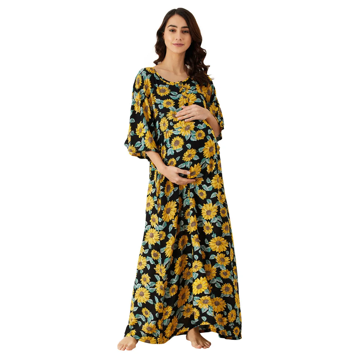 The Kaftan Company Black Floral Sunflower Kimono Maternity and Feeding Nightdress (XXL)