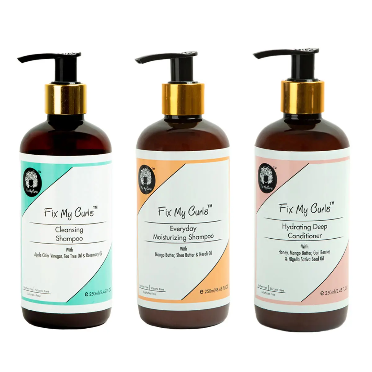 Fix My Curls Wash Day Pack with Everyday Moisturizing Shampoo, Cleansing Shampoo And Hydrating Deep Conditioner, 250ML Each