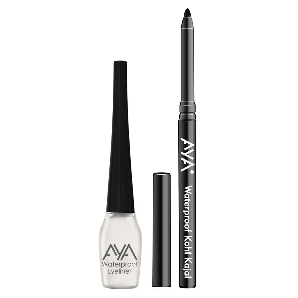 AYA Waterproof Liquid Eyeliner, White + Jet black Waterproof Kohl Kajal