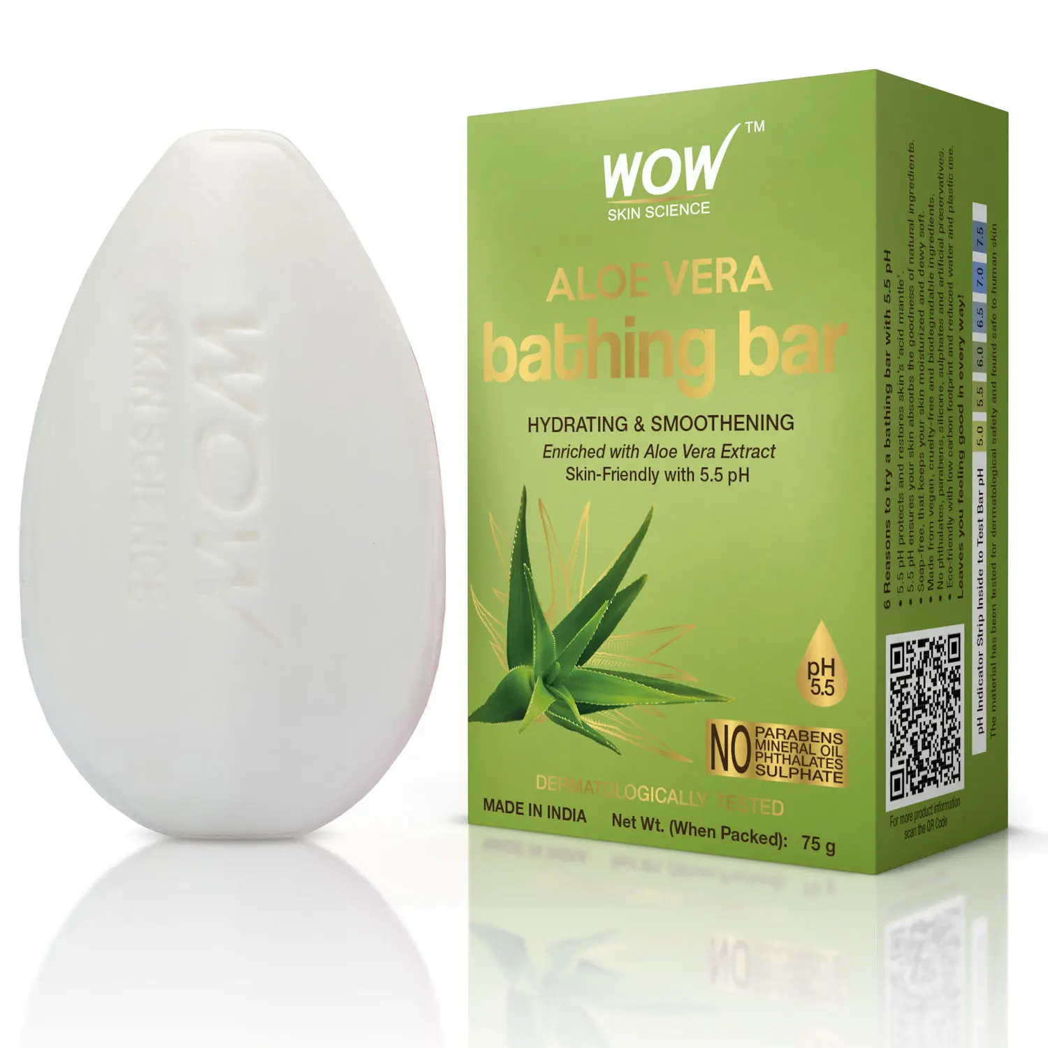 WOW Skin Science Aloe Vera Bathing Soap - Hydrating & Smoothening - with Aloe Vera Extract - Skin-Friendly with 5.5 pH - No Parabens, Mineral Oil, Phthalates, Sulphate - 75g