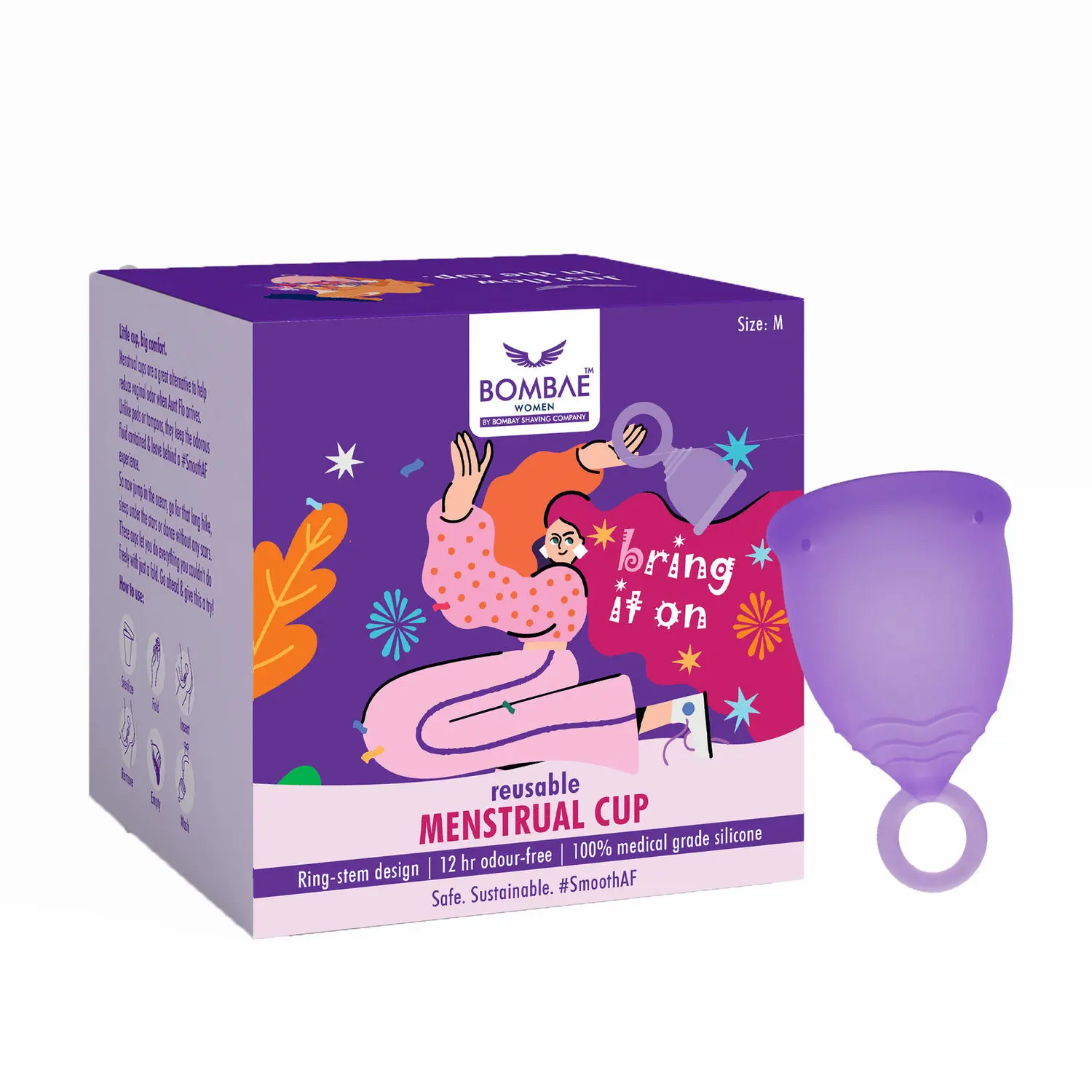 Bombay Shaving Company Women Reusable Menstrual Cup: Stem for easy removal | Medium size | 100% Medical Grade Silicone | 12 hours protection | Sustainable 200 gm