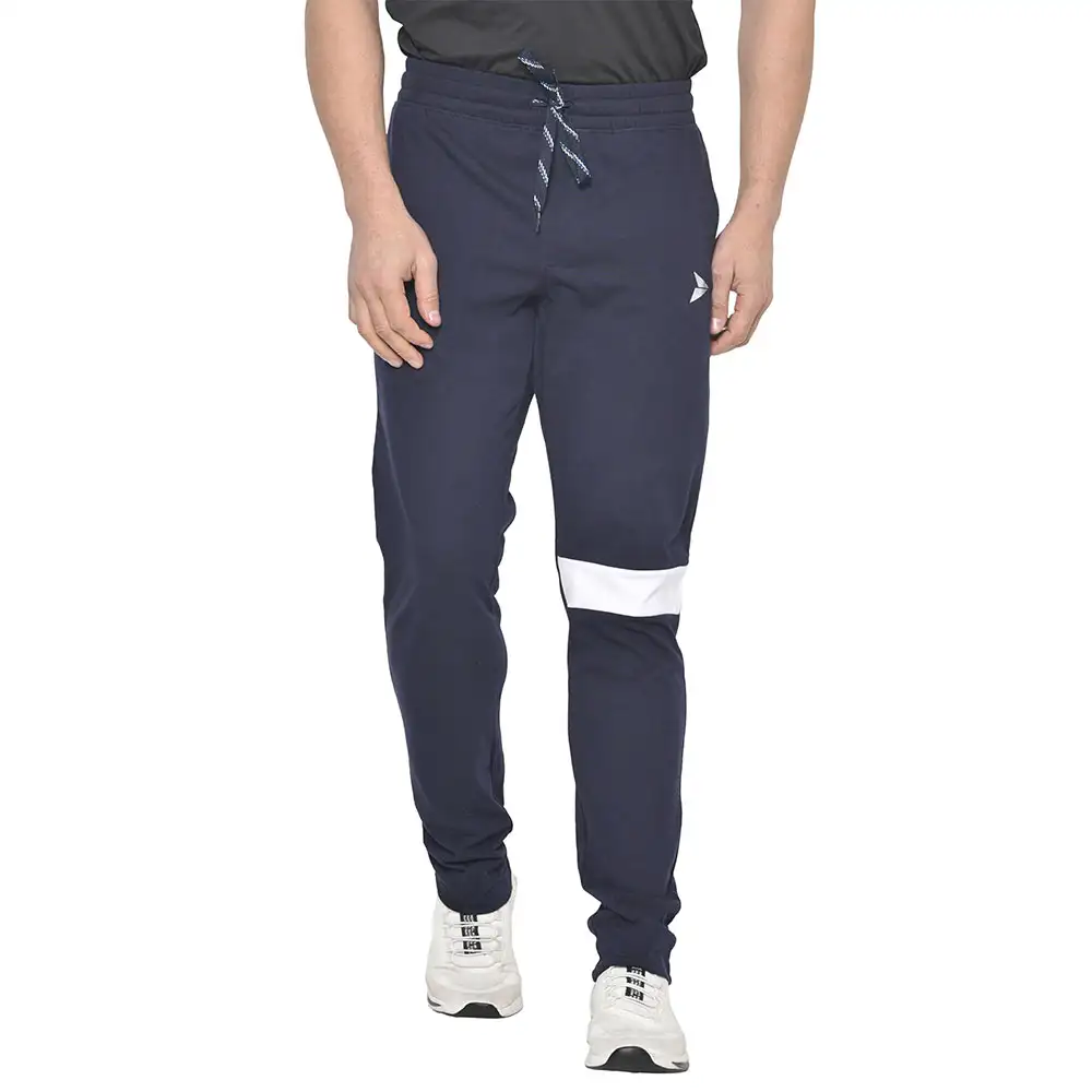 Fitinc White Striped Cotton Trackpant with Both Side Zipper,  Navy Blue  Small