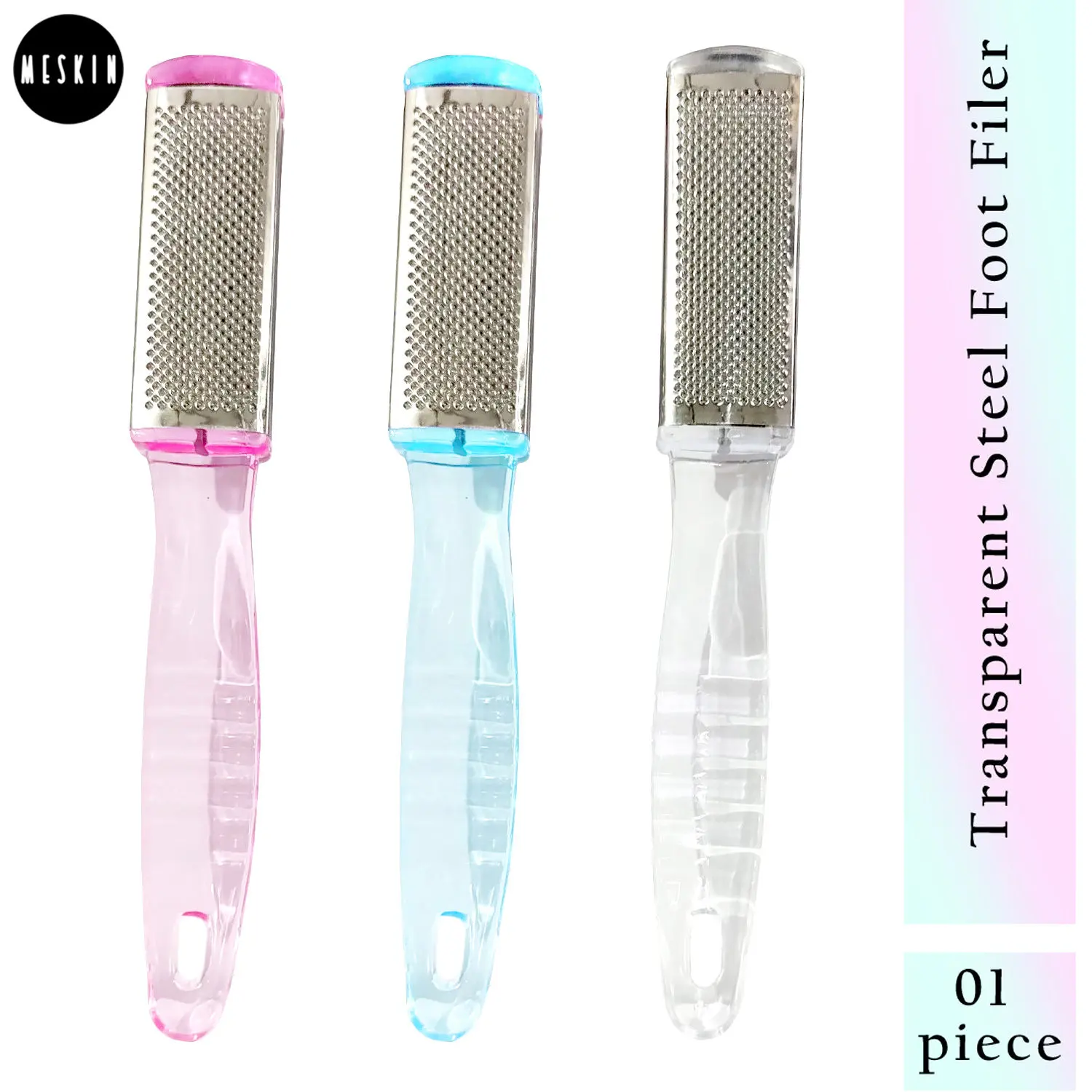 MeSkin Double Sided Transparent Steel Foot Filer Pedicure & Dead Skin Remover with Curvy Handle